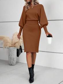 Almamuse Women's Solid Color Round Neck Gigot Sleeve Fitted Elegant Sweater Dress, Autumn/Winter Brown Dress Fall Cloth For Women - Redwood - View 3