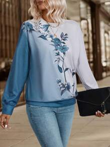 SHEIN Clasi Áo nỉ dài tay cổ tròn in hoa cỡ lớn thường ngày cho nữ, mùa thu/đông - Xanh và trắng - Xem 7