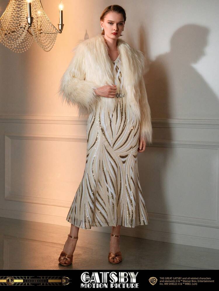 The Great Gatsby x MOTF SEQUINS ALLOVER PATTERN V-NECK COLD SHOULDER MERMAID HEM LONG DRESS