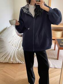 DAZY 女式格纹拼布针织连帽夹克，秋冬款