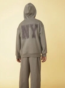 SHEIN 男童秋冬季灰色纯色落肩卫衣，带袋鼠口袋，休闲运动卫衣，适合日常穿着 - 灰色 - 查看 2
