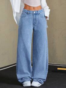 SHEIN Tall 女式宽松贴袋阔腿洗水牛仔裤 - 中等水洗藍 - 查看 5