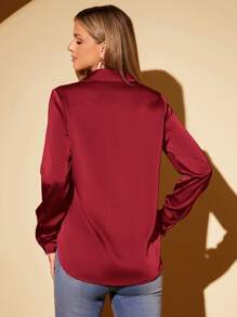 Amorya Women Elegant Solid Color Acetate Satin Placket Long Sleeve Blouse - Red - View 2