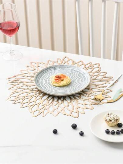 Gold Placemats & Coasters ,Matching Washable Pressed PVC Laser Cut Dining Table Mats Round Floral Decoration,Creative Gold Flower Design Hollow Out Anti-Slip Table Mat For Christmas Halloween Thanksgiving Wedding(10cm For Coaster , 38cm For Placemat Different Quantity Options) Christmas For Holiday Gift Giving