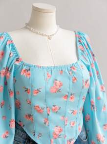 Soleia 大码女式碎花方领灯笼袖不对称下摆浪漫公主风衬衫，初秋 - 彩色 - 查看 7