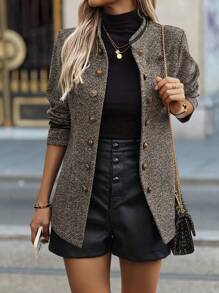 EMERY ROSE Women Contrast Trim Double-Breasted Long Sleeve Regular Blazer Fall Winter Cloth For Women - Brown - View 7