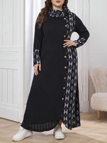 Al Najma Vestido de punto de cuello alto con textura y diseño de patchwork, talla grande para mujer, apropiado para otoño/invierno, vestido casual de tipo maxi para uso diario