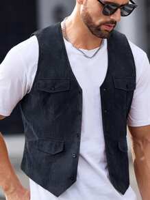 Manfinity VCAY Men's Woven Fitted Casual Round Neck Reversible Vest - Navy Blue - View 3