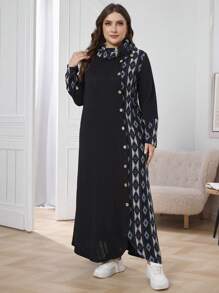 Al Najma Vestido de punto de cuello alto con textura y diseño de patchwork, talla grande para mujer, apropiado para otoño/invierno, vestido casual de tipo maxi para uso diario