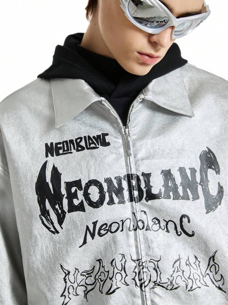1pc Men's Silver Leather Loose Fit Letter Print Long Sleeve Leather Jacket, For Fall Winter
