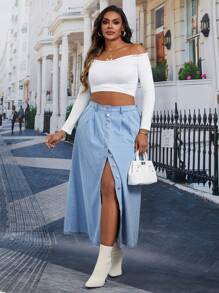 SHEIN Essnce Jupe en jean ample avec boutons devant et finition lavée