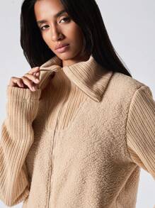 LYSMO Damen einfarbige Reißverschluss Vorne Lange Ärmel Regular Jacke Teddy Mantel, Lässig für den täglichen Gebrauch - Aprikosenfarben - Übersicht 5