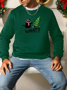 Manfinity Dauomo Men's Letter & Christmas Tree Print Crew Neck Long Sleeve Pullover Sweatshirt, Autumn