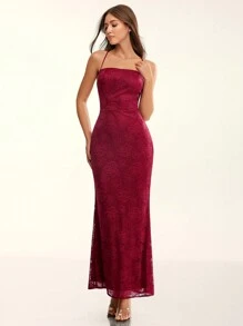 Glamine Rotes rückenfreies Spitzenkleid zum Binden für Damen, figurbetontes Kleid, rotes Kleid mit Satin-Print, sexy Partykleid, rotes langes Kleid, sexy rotes Kleid, sexy Damenkleider, formelles Kleid, Meerjungfrauenkleid - Bordeaux - Übersicht 6