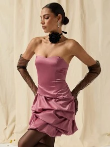 COSMINA Autumn/Winter Women Solid Color Layered Ruffles Elegant Strapless Mini Dress - Rusty Rose - View 6