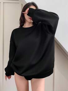 DAZY Crew Neck Casual Fleece Solid Color Loose Sweatshirt For Women,Fall Clothes - Black - View 8