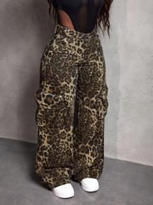 Slaydiva Women Leopard Print Cargo Pocket Wide Leg Jeans - Multicolor - View 1