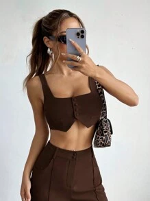 SHEIN EZwear Bộ 2 món: Áo vest cài nút phía trước màu trơn có dây đeo dày và quần ống rộng có trang trí túi - màu nâu - Xem 5