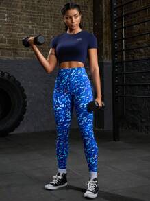 Easithlete Quần legging thể thao cạp cao liền mạch họa tiết da báo thời trang - Xanh đậm - Xem 5