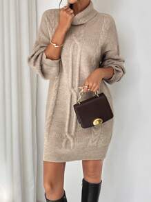 Chiquease Robe pull casual ample en tricot à col montant, manches longues et épaules dénudées, couleur unie, automne/hiver pour femmes - Nude - Voir 5