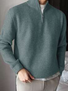 DAZY 男士纯色前拉链长袖休闲针织毛衣，秋冬季四分之一拉链款