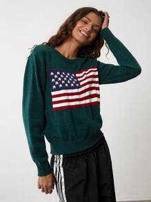 SHEIN Unity 女士休闲美国国旗图案落肩超大毛衣 - 軍綠色 - 查看 5