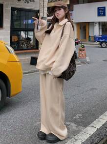 DAZY 2pcs Women Casual Minimalist Solid Color Oversized Sweatshirt & Sweatpants Set, Suitable For Autumn/Winter Thermal Lined Tracksuits Women Set Lounge Sets For Women - Apricot - View 3