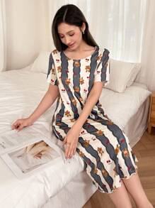 Dream Adore Cute Bear Striped Print Short Sleeve T-Shirt Nightgown Babydoll For Women Holidayseason