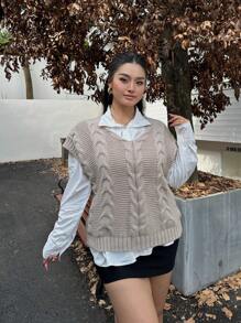 Calvaya Plus Size Solid Color Loose Knit Cardigan Vest, Casual And Versatile For Autumn/Winter - Camel - View 5
