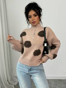 Chiquease Top de chandail tricoté à encolure montante zippé, imprimé floral jacquard, décontracté pour les vacances pour femmes
