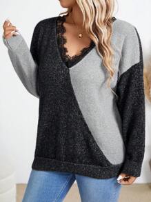 Suéter holgado de punto con bloqueo de color, encaje y cuello caído para uso diario informal en tallas grandes, para otoño/invierno