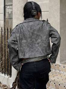 SHEIN EZwear Women's New Vintage Leather Motorcycle Jacket