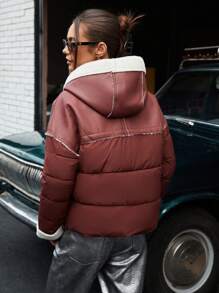Chiquease Casaco de inverno vintage casual estilo americano, cor vinho, patchwork de poliuretano, sherpa, acolchoado, com isolamento de poliéster, sintético, jaqueta de inverno, espessada - Borgonha - Ver 2
