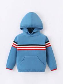Young Boys Casual Multi-Wear Thermal Lined Striped Contrast Stitching Hoodie Sweatshirt With Pockets, Soft & Warm Knit, Suitable For Daily Wear In Autumn/Winter