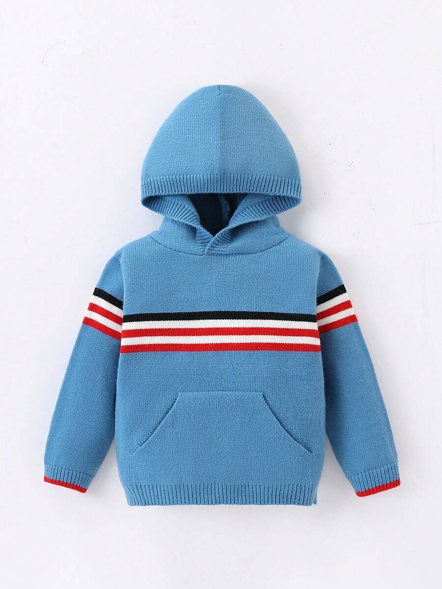 Young Boys Casual Multi-Wear Thermal Lined Striped Contrast Stitching Hoodie Sweatshirt With Pockets, Soft & Warm Knit, Suitable For Daily Wear In Autumn/Winter