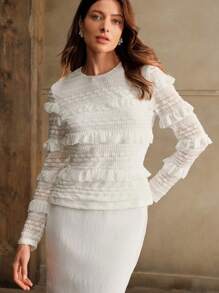 Anewsta Blusa de cuello redondo de moda con manga larga y diseño de capas estilo francés para ropa de fiesta de otoño