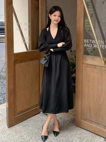 DAZY 1 件女式秋冬围脖领灯笼袖喇叭下摆毛衣连衣裙 - 黑色 - 查看 6