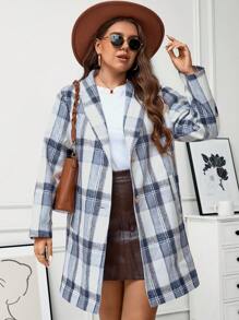 SHEIN LUNE Plus Size Women Christmas Plaid Knee-Length Overcoat Winter Clothes For Women Winter Coat Women Holiday Outfit Thermal