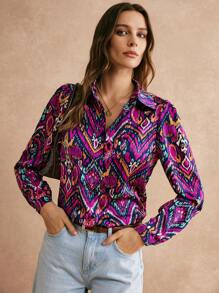 Poéselle 滿版印花前紐扣緞面襯衫