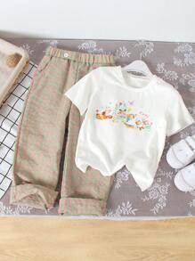 SHEIN 2 件套可爱卡通熊印花短袖上衣和格子长裤，年轻女孩休闲夏季服装 - 綠色 - 查看 1