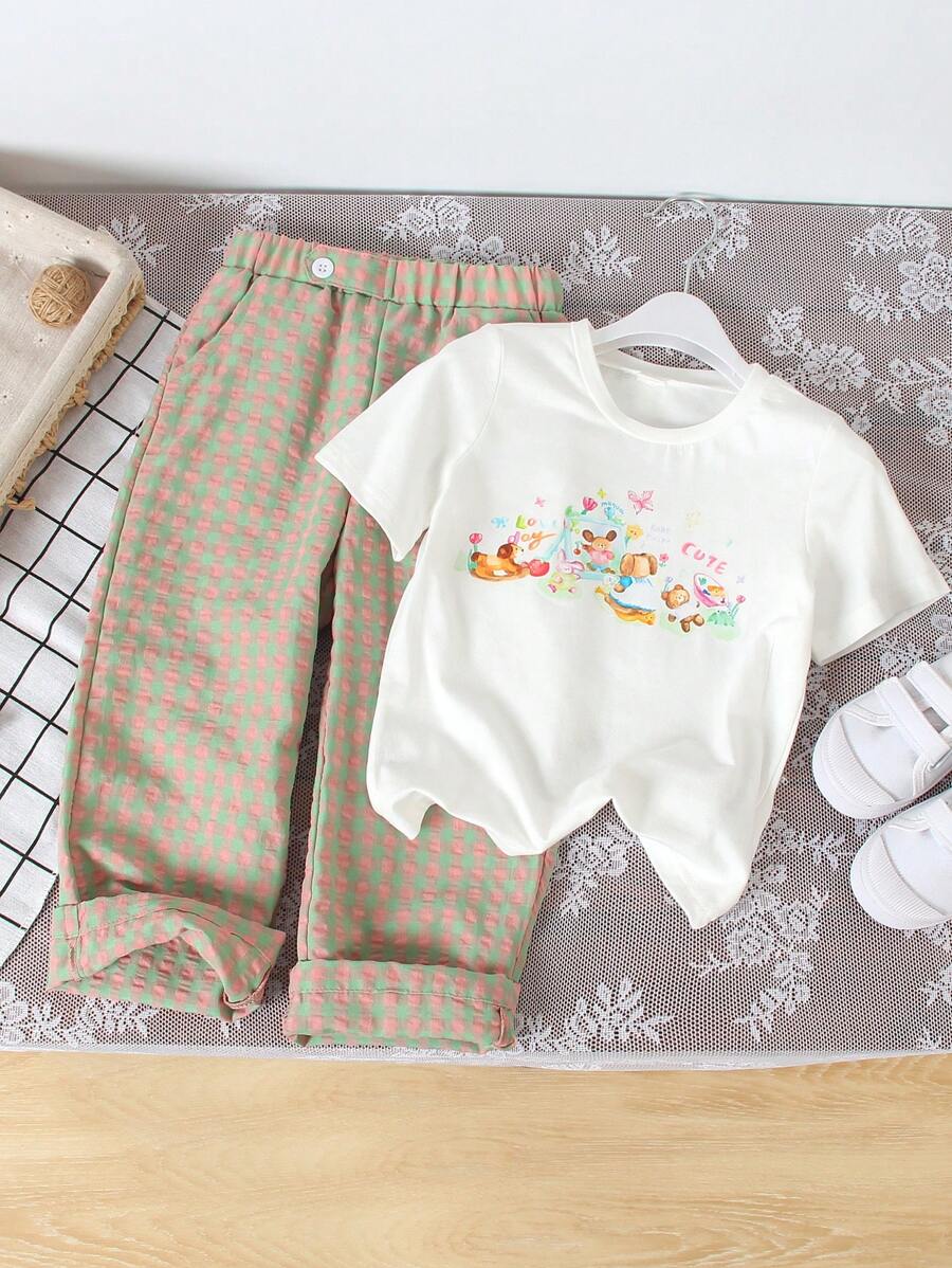 SHEIN 2 件套可爱卡通熊印花短袖上衣和格子长裤，年轻女孩休闲夏季服装 - 綠色 - 查看 1