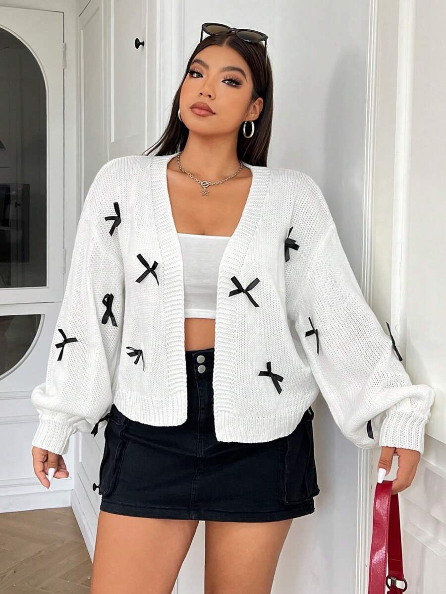 SHEIN EZwear Plus Size Color Block Bow Decor Loose Front Open Cardigan, Casual Everyday Wear, Autumn/Winter