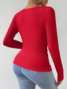 Chiquease Camiseta básica casual de manga larga de color sólido para ropa de Año Nuevo para mujeres - Rojo - Ver 2