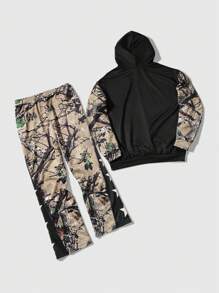 ROMWE MEN Street Life 2 件男士字母和花卉印花连帽衫和运动裤套装，休闲装 - 黑色 - 查看 8