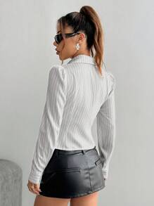 Flirla Women's Striped Black And White V-Neck Fitted Shirt