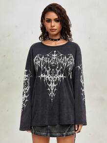 ROMWE Grunge Punk Vintage Punk Wing & Random Acid-Washed Distressed Wash T-Shirt