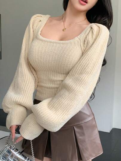 DAZY Women Elegant Solid Color Square Neck Puff Sleeve Sweater, Autumn/Winter,Long Sleeve Tops,Fall Women Clothes Cute Tops