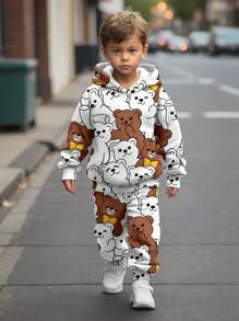 SHEIN Leap Crew 2 Pcs Young Boys Casual Cartoon Bear Graphic Loose Fit Hooded Sweatshirt And Jogger Pants Set, Suitable For Autumn/Winter - Multicolor - View 1