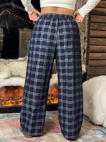 SHEIN EZwear Calça casual larga com bolso, estampa xadrez e cintura elástica, em tamanhos grandes para mulheres - Azul - Visão 2