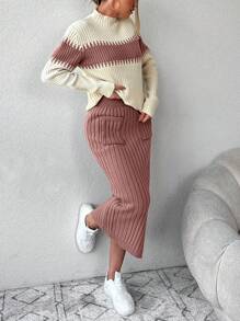 EURMUSE 2 件女式秋冬休闲拼色拼接立领毛衣和纯色 A 字裙套装 - 乾枯玫瑰色 - 查看 3